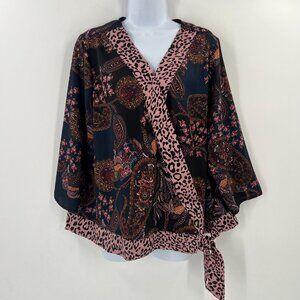 Dressbarn Woman 1X Faux Wrap Top Paisley Floral Leopard Print Kimono Blouse Plus